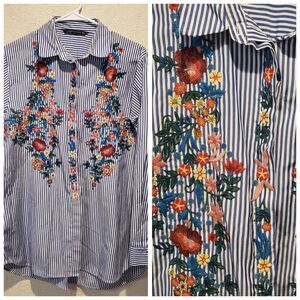 Zara Blue Striped Button Down Shirt with Floral Embroidery